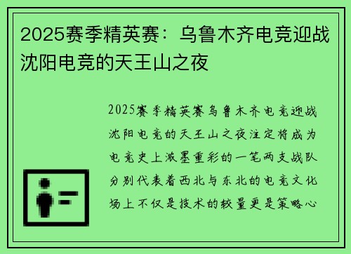2025赛季精英赛：乌鲁木齐电竞迎战沈阳电竞的天王山之夜